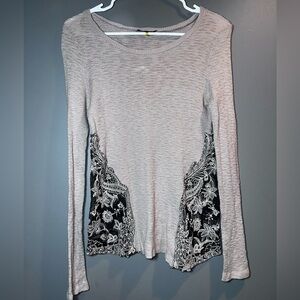 Soprano Knit Lace Inset Long Sleeve Top – Taupe – Size S